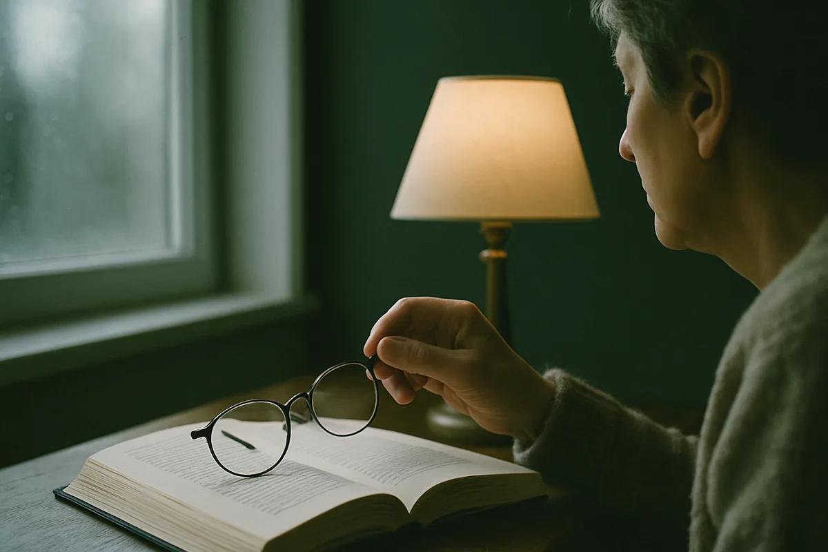 Unas gafas de lectura plegadas sobre un libro abierto junto a una lámpara de mesa encendida