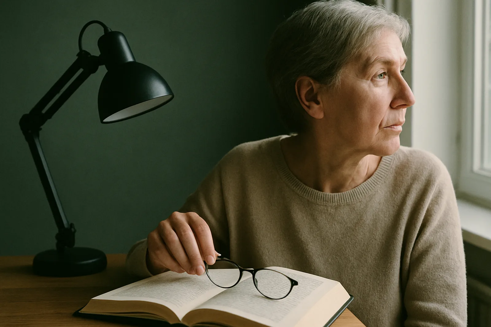 Gafas de lectura plegadas sobre un libro abierto junto a un flexo apagado en una mesa de madera